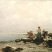 Olga Wiesinger Florian (1844- 1923) „Morgen am Strand in Abbazia“ Öl/Holz 68 x 112 cm Rechts unten sign. und datiert: O. Wiesinger Florian 1890 Giese & Schweiger