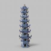   Blue and white eight tiered pagoda. Porcelain decorated in underglaze cobalt blue and gold. 90 x 28 cm. China, Qing dynasty (1644-1911), late 18th century-early 19th century.  Jorge Welsh Works of Art