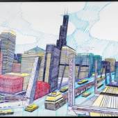Wesley Willis, The Chicago Skyline, Sears Tower, Chicago River (...), 1986, Kugelschreiber und Filzstift auf Karton, 71 x 99 cm, Collection of Rolf and Maral Achilles