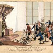 Hiernoymus Löschenköhl: Die Wiener Bürger huldigen Joseph II, kolorierter Kupferstich, 1782-92, Wien Museum