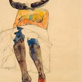 Egon Schiele (Tulln 1890 - Wien 1918)  Seated Semi-nude With Hat And Purple Stockings (gerti), 1910 Black crayon, gouache and watercolour on paper 44.9 x 31.7 cm   Wienerroither & Kohlbacher
