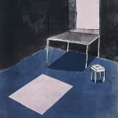 Zilla Leutenegger, Tisch mit Hocker, 2016 Monotypie auf Büttenpapier, 119 x 97 cm Courtesy Zilla Leutenegger und Galerie Peter Kilchmann, Zürich