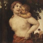 Ludwig von Zumbusch Mutter mit Kindern am Teich Öl auf Papier 24,4 x 24,3 cm