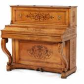 Lot No. 84  Biedermeier upright pianino, Pianino, produced by the firm Dieudonne & Blädel in Stuttgart circa 1835/40, 6 1/2 Octaves. The case in pearwood veneer over hardwood and softwood, with scrolled supports, geometric and floral marquetry decoration, 2 pedals. Approx.120 x 123 x 66 cm. Small losses, some ageing and wear, without guarantee for tone.  (c) dorotheum.com