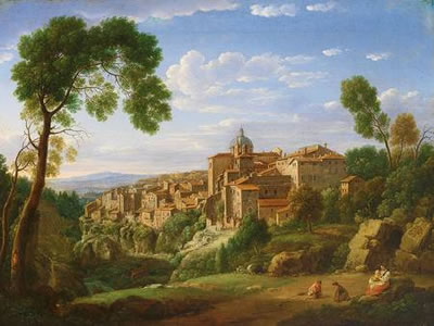 Italienischer Maler des 18. Jh. Undeutlich signierte und 1741 datierte idealisierte Landschaft mit der Ortsbezeichnung „Roma“. Öl auf Lwd. 33 x 43,5 cm. 