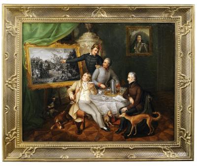 Gemälde von József Ginovszky (1800-1857), welches eine „Kaffee trinkende Herrenrunde im Salon“ zeigt. Das in Öl auf Leinwand gemalte Bild ist 1838 datiert. Einer der Herren trinkt, wie damals üblich, den Kaffee aus der Untertasse, neben ihm steht ein Spucknapf (Schätzpreis 3.500 €).