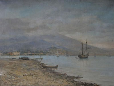 Gemälde Lagorio Ljew (Leon) Felixowitsch 1827 - 1905.  Kleine Hafenstadt mit Segelschiffen an der Schwarzmeerküste