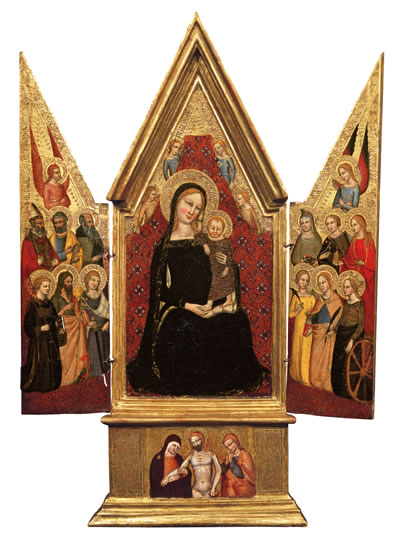 Niccolò di Tommaso (dokumentiert in Florenz, Neapel und Pistoia, 2. Hälfte 14. Jahrhundert) Thronende Madonna mit Kind und Engeln, zwölf Heiligen und einer Pietà, um 1370/80