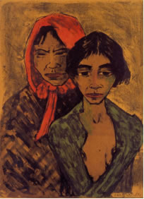 Otto Mueller  „Zwei Zigeunerinnen (Zigeunermutter mit Tochter)“. 1926/27.  Farbilithografie mit zusätzlichem Farbauftrag in Grün. 70 x 50 cm. Erlös: € 38.000