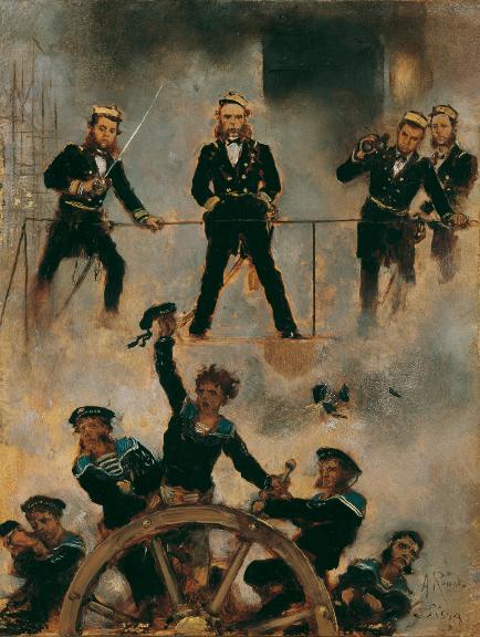  Anton Romako   Anton Romako Admiral Tegetthoff in der Seeschlacht bei Lissa II , 1880-1882 Öl auf Holz 24 x 18 cm Belvedere, Wien © Belvedere Wien