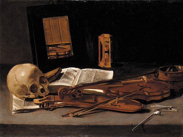 Leidener Meister, Vanitas-Stillleben mit zwei Violinen, Spiegel und Totenkopf, um 1635