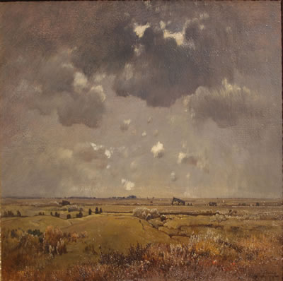  Anton von Stadler  (1850 – 1917), Weite Landschaft, Öl auf Malkarton, signiert und 1906 