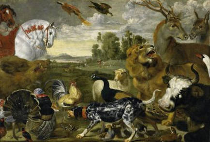 Vos, Paul de um 1596 Hulst - 1678 Antwerpen - und Werkstatt Der Garten Eden mit der Erschaffung Adam und Evas. Öl auf Leinwand. Doubliert. 162 x 237,5cm. Rahmen. 